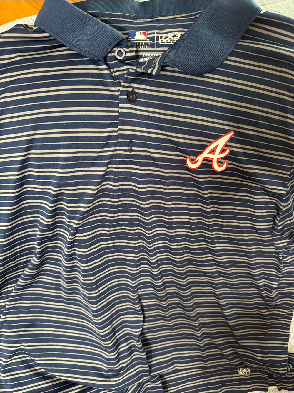 MLB Atlanta Braves Navy and White Striped Polo with Red Accent